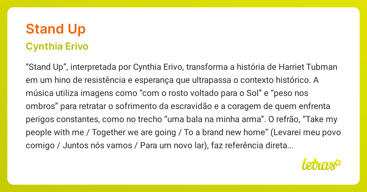 Significado da música STAND UP (Cynthia Erivo) - LETRAS.MUS.BR