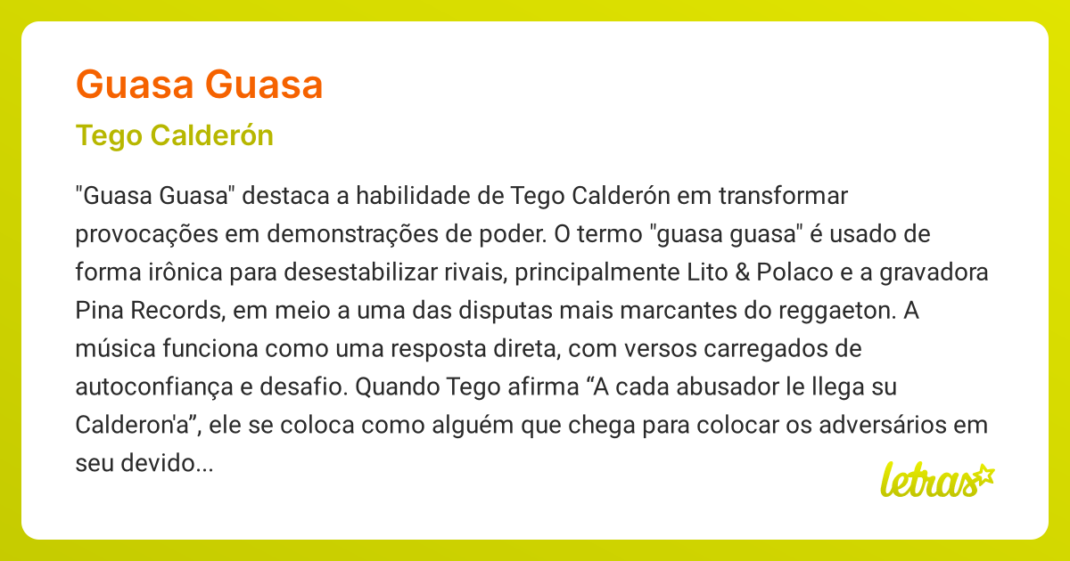 Significado da música GUASA GUASA (Tego Calderón) - LETRAS.MUS.BR