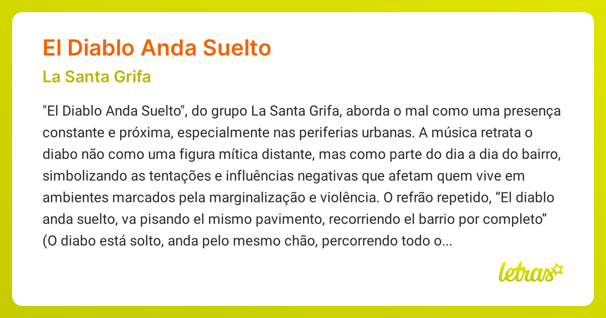 Significado da música EL DIABLO ANDA SUELTO (La Santa Grifa) - LETRAS ...