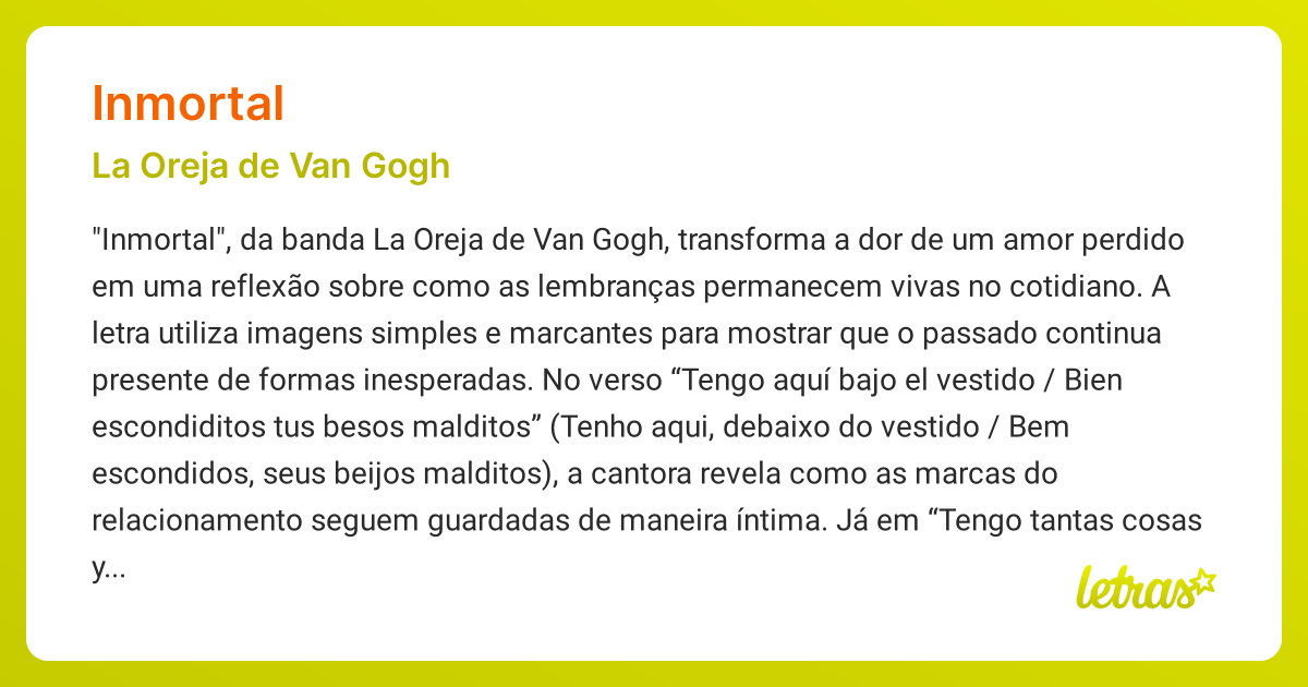 Significado da música INMORTAL (La Oreja de Van Gogh) - LETRAS.MUS.BR