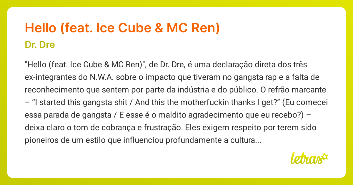 Significado da música Hello (feat. Ice Cube & MC Ren) (Dr. Dre ...