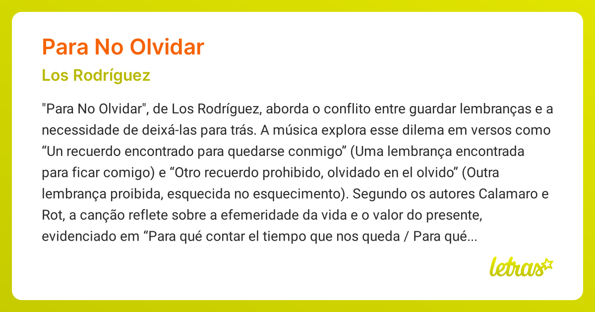 Significado da música PARA NO OLVIDAR (Los Rodríguez) - LETRAS.MUS.BR