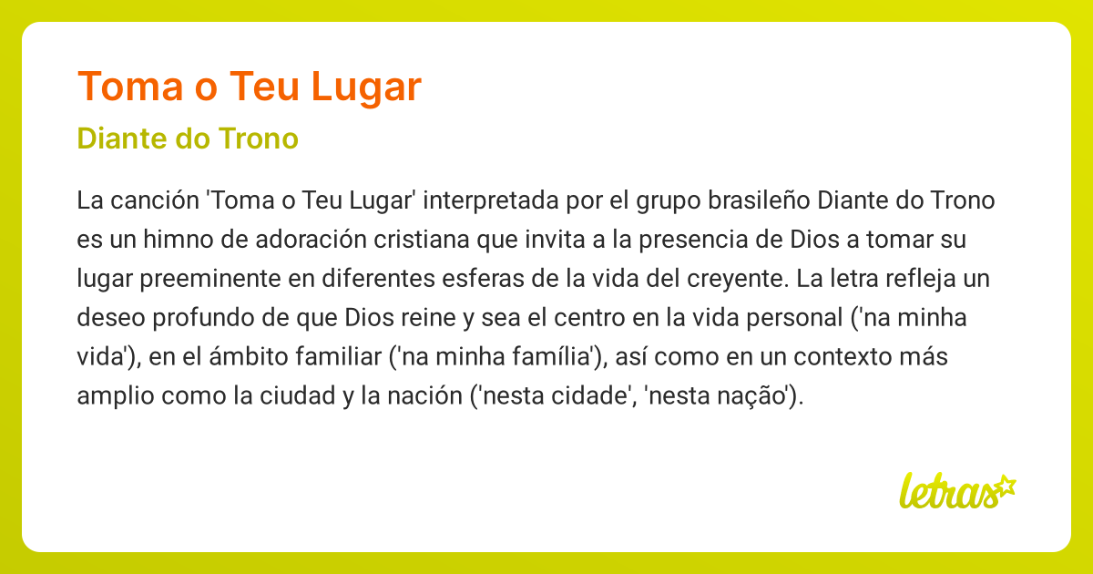 Significado de la canción TOMA O TEU LUGAR (Diante do Trono) - LETRAS.COM