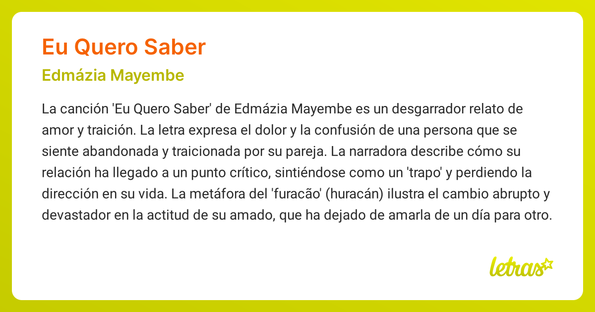 Significado de la canción EU QUERO SABER (Edmázia Mayembe) - LETRAS.COM