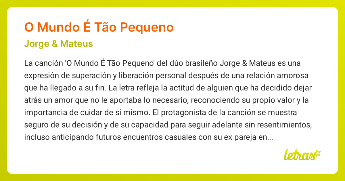 Significado de la canción O MUNDO É TÃO PEQUENO (Jorge & Mateus ...