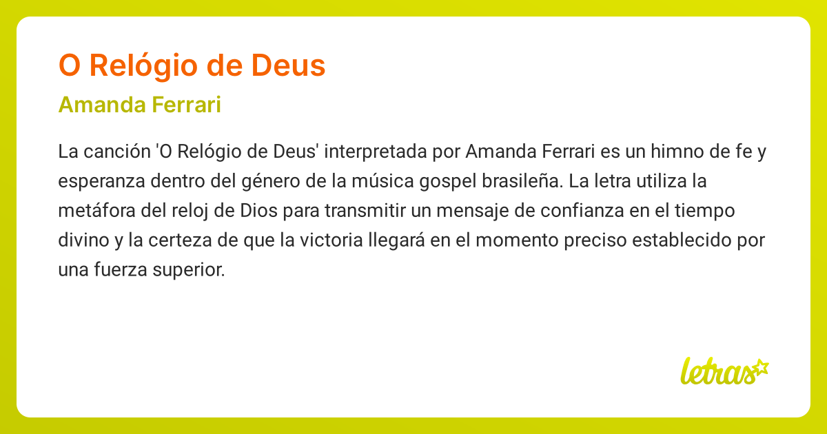 Significado de la canción O RELÓGIO DE DEUS (Amanda Ferrari) - LETRAS.COM