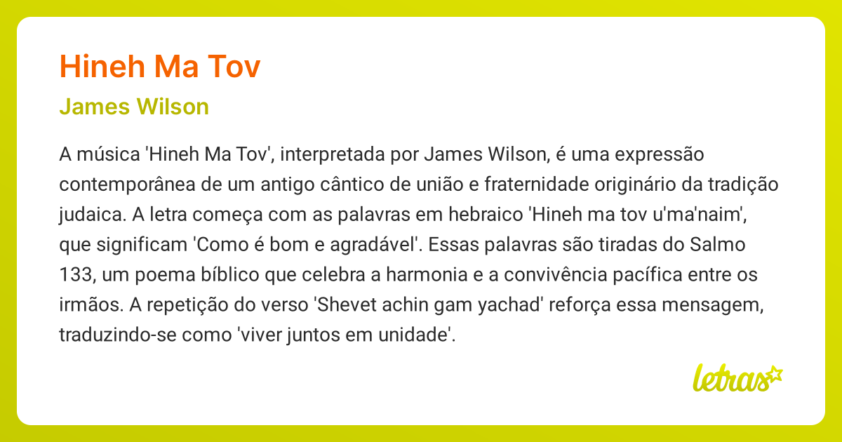 Significado da música HINEH MA TOV (James Wilson) LETRAS.MUS.BR