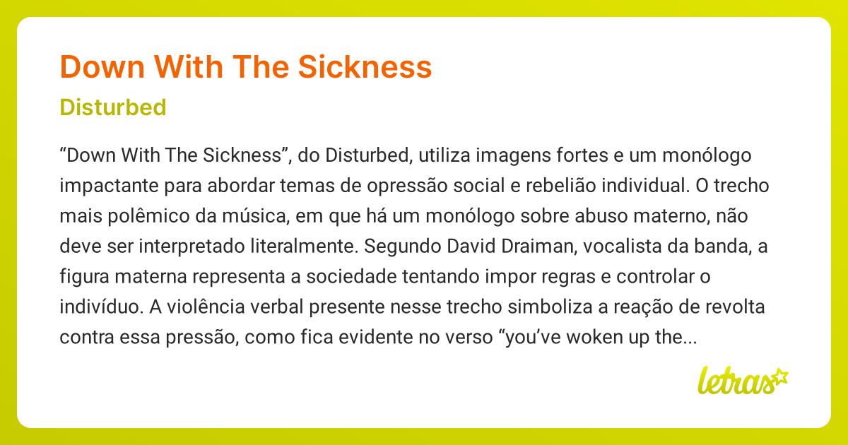 Significado da música DOWN WITH THE SICKNESS (Disturbed) - LETRAS.MUS.BR