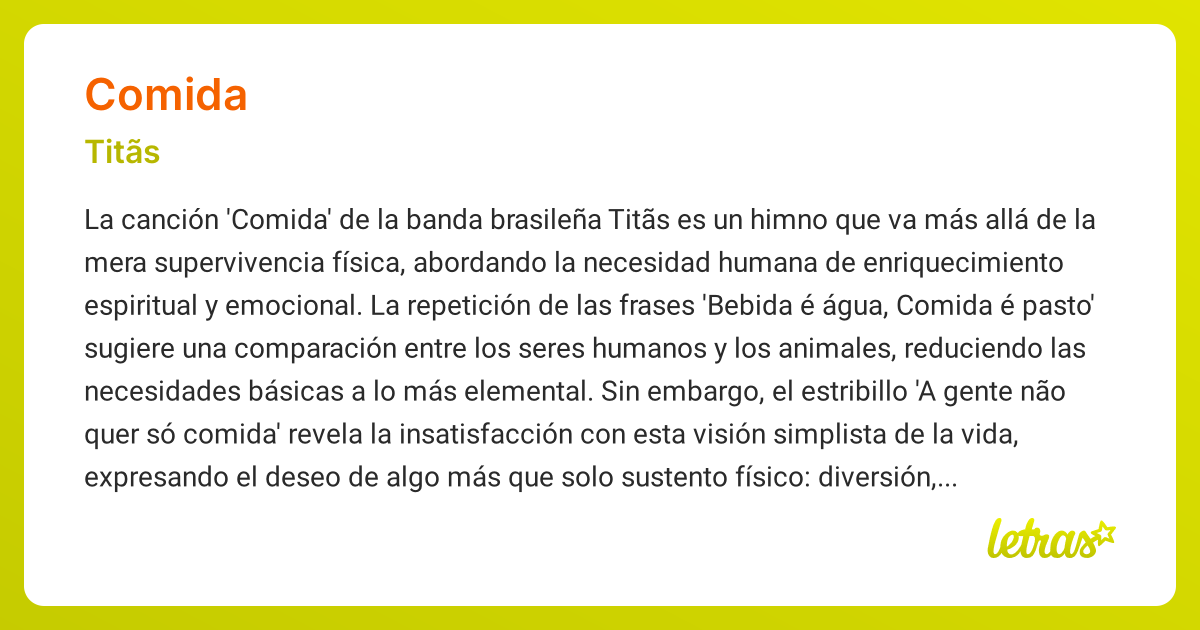Significado de la canción COMIDA (Titãs) - LETRAS.COM