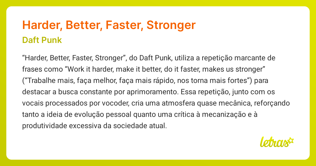 Significado da música Harder, Better, Faster, Stronger (Daft Punk