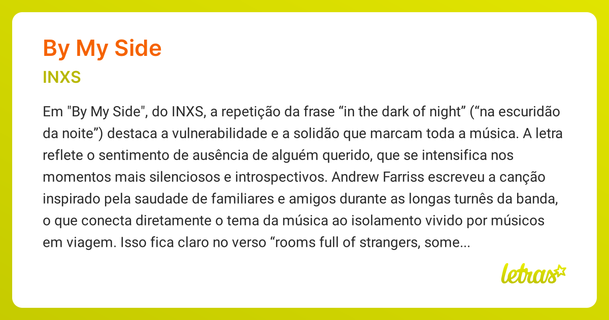 Significado da música BY MY SIDE (INXS) - LETRAS.MUS.BR