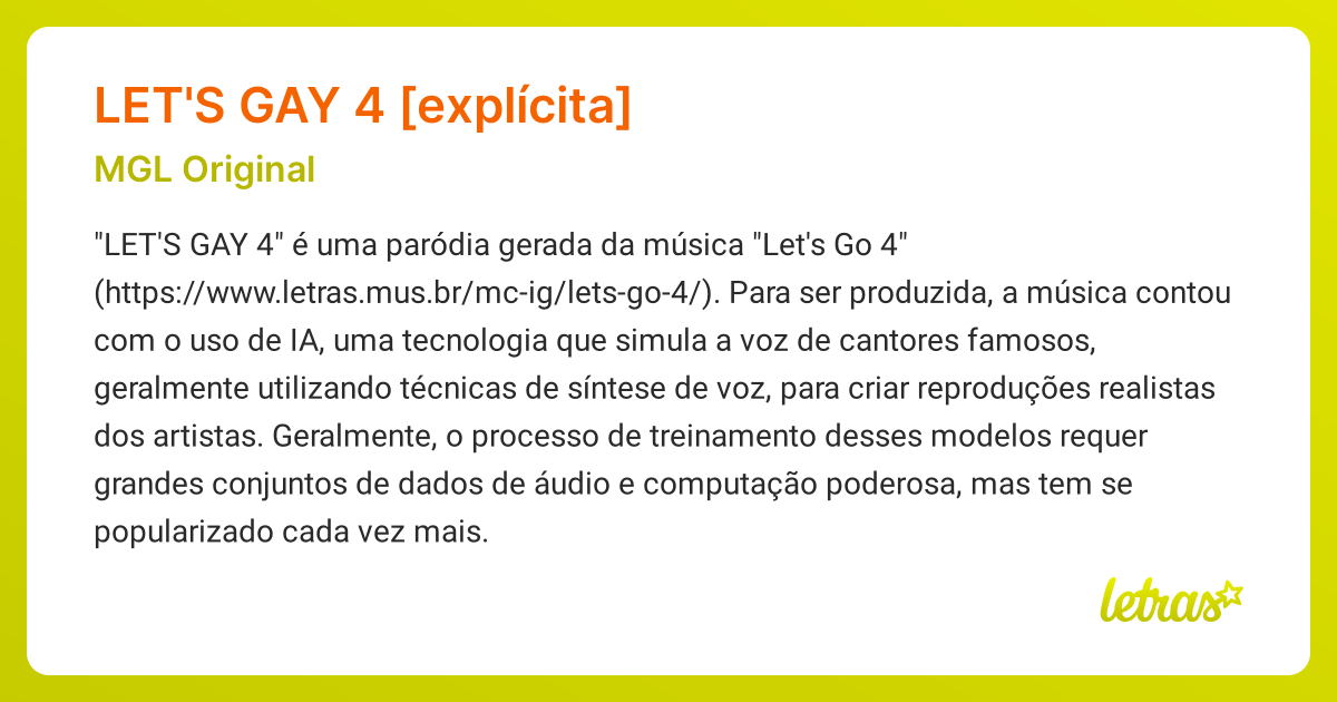 Significado da música LET'S GAY 4 [EXPLÍCITA] (MGL Original) - LETRAS ...