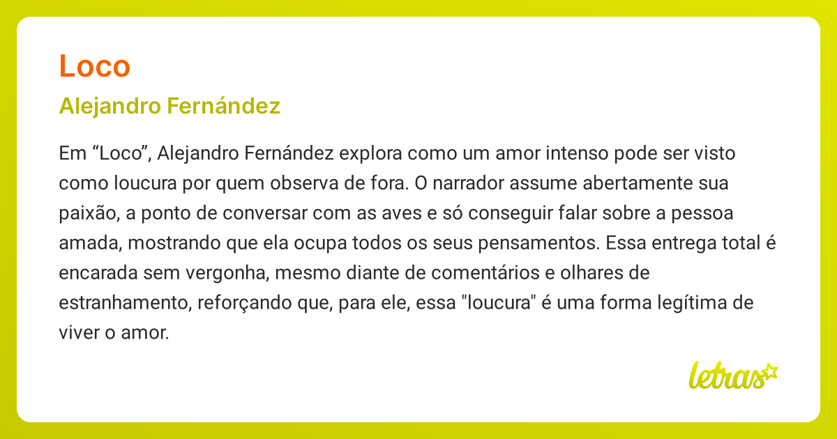 Significado da música LOCO (Alejandro Fernández) - LETRAS.MUS.BR