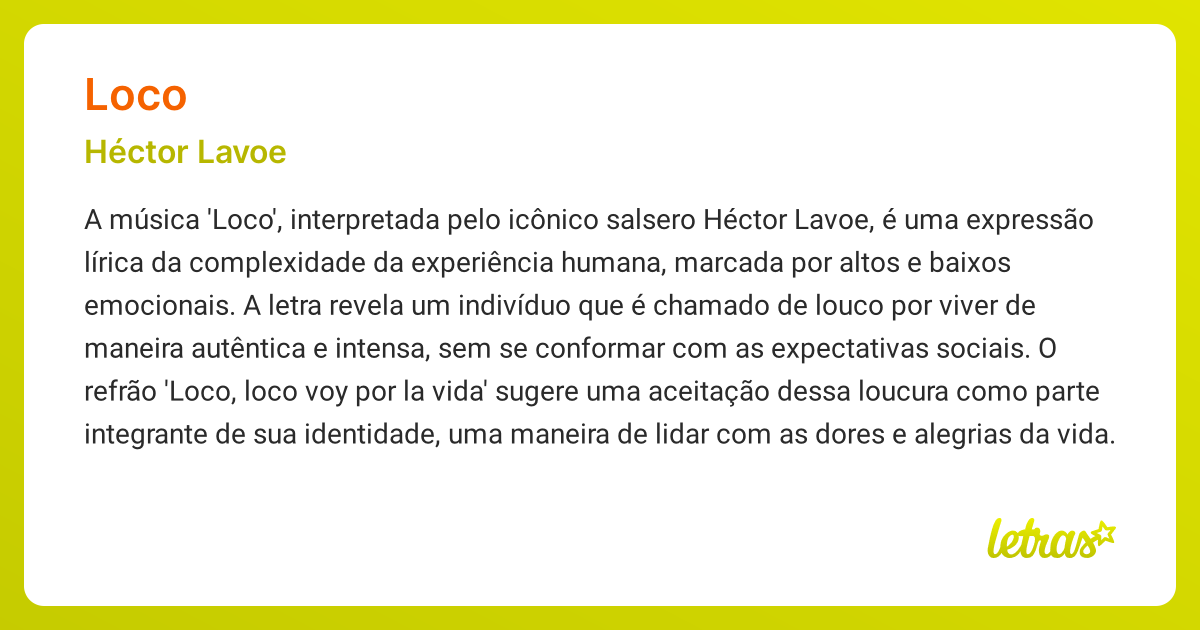 Significado Da Música Loco Héctor Lavoe Letras Mus Br