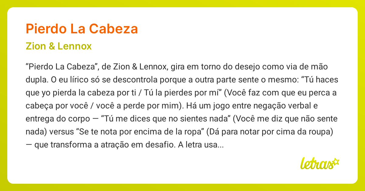 Significado da música PIERDO LA CABEZA (Zion & Lennox) - LETRAS.MUS.BR
