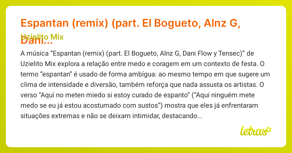 Significado da música Espantan (remix) (part. El Bogueto, Alnz G, Dani ...