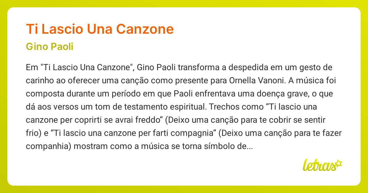 Significado da música TI LASCIO UNA CANZONE (Gino Paoli) - LETRAS.MUS.BR