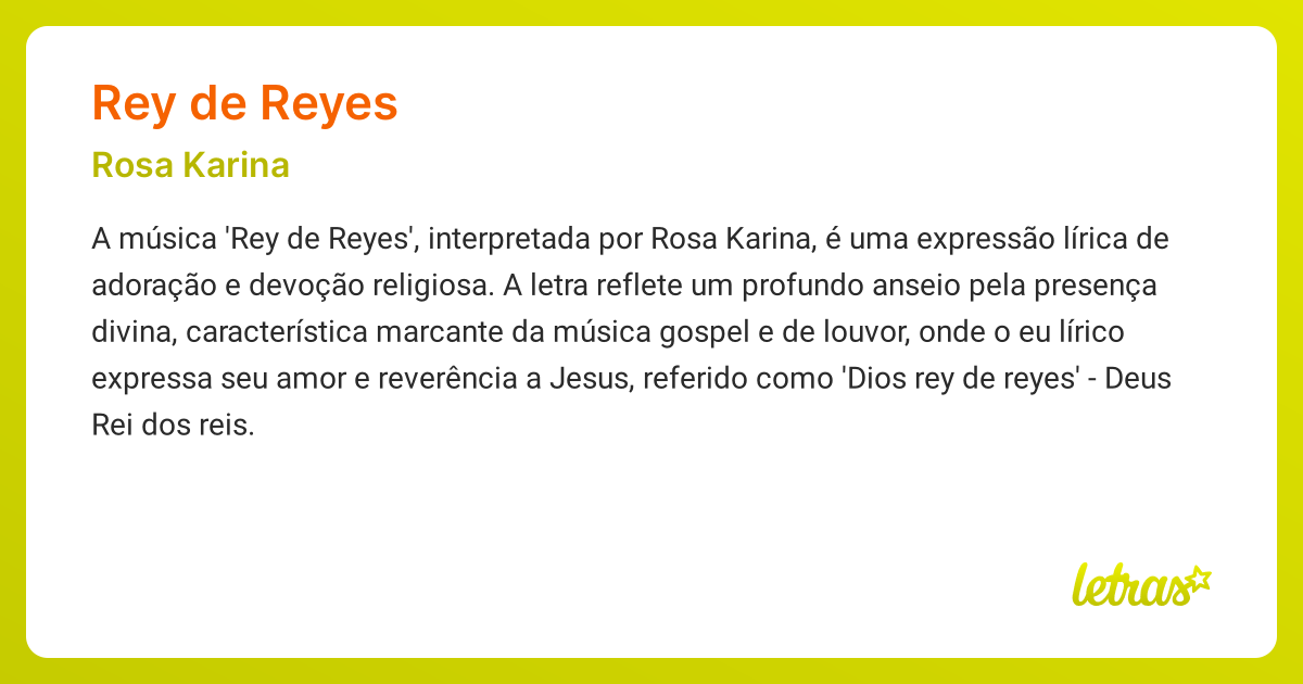 Significado da música REY DE REYES (Rosa Karina) - LETRAS.MUS.BR