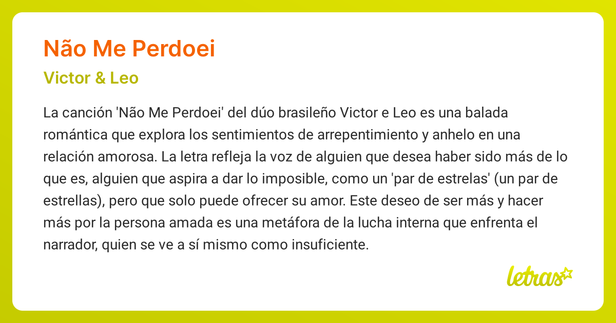 Significado de la canción NÃO ME PERDOEI (Victor & Leo) - LETRAS.COM