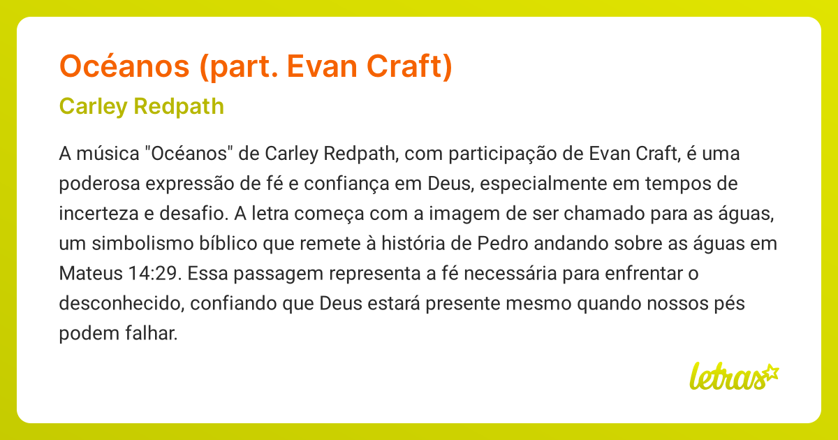 Significado da música OCÉANOS (PART. EVAN CRAFT) (Carley Redpath ...