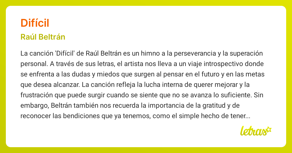 Significado de la canción DIFÍCIL (Raúl Beltrán) - LETRAS.COM