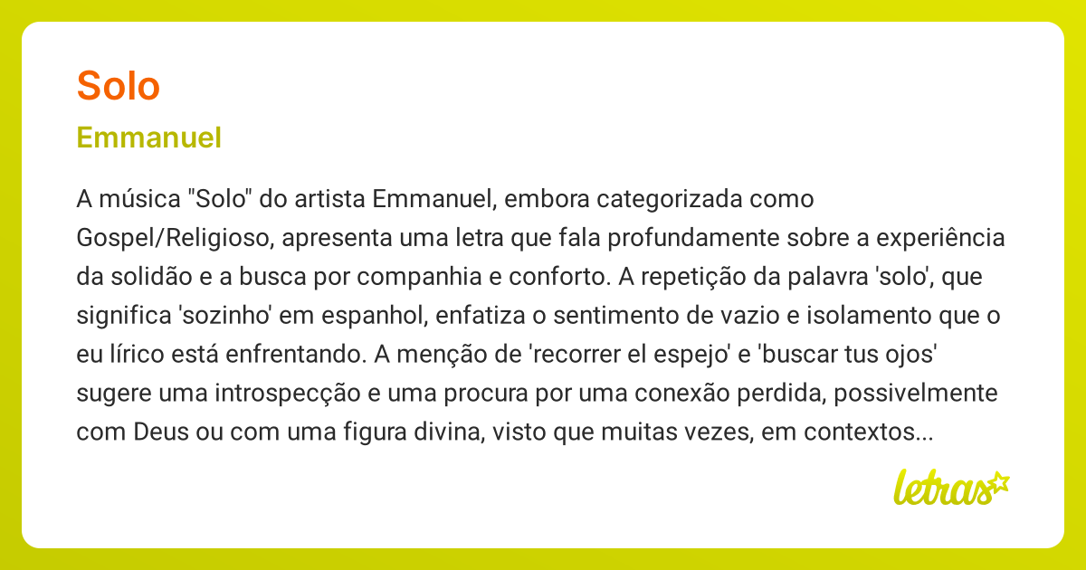 Significado da música SOLO (Emmanuel) - LETRAS.MUS.BR