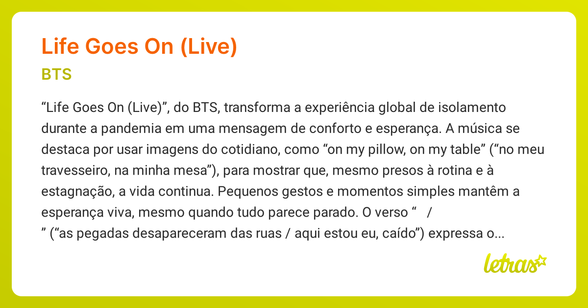 Significado da música LIFE GOES ON (LIVE) (BTS) - LETRAS.MUS.BR