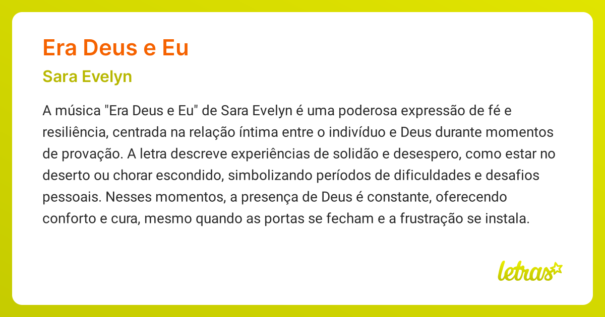 Significado da música ERA DEUS E EU (Sara Evelyn) - LETRAS.MUS.BR