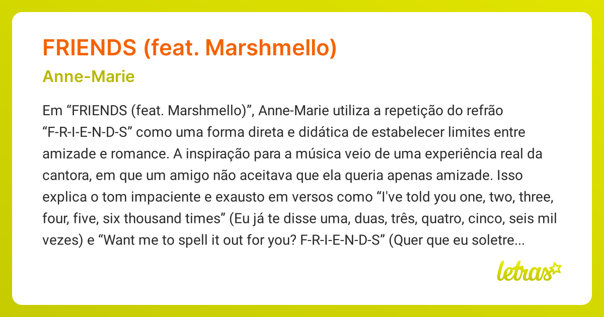 Significado da música FRIENDS (FEAT. MARSHMELLO) (Anne-Marie) - LETRAS ...