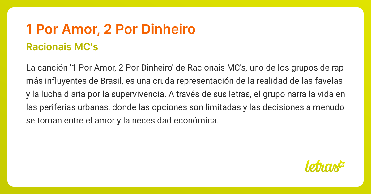 Significado de la canción 1 POR AMOR, 2 POR DINHEIRO (Racionais MC's ...