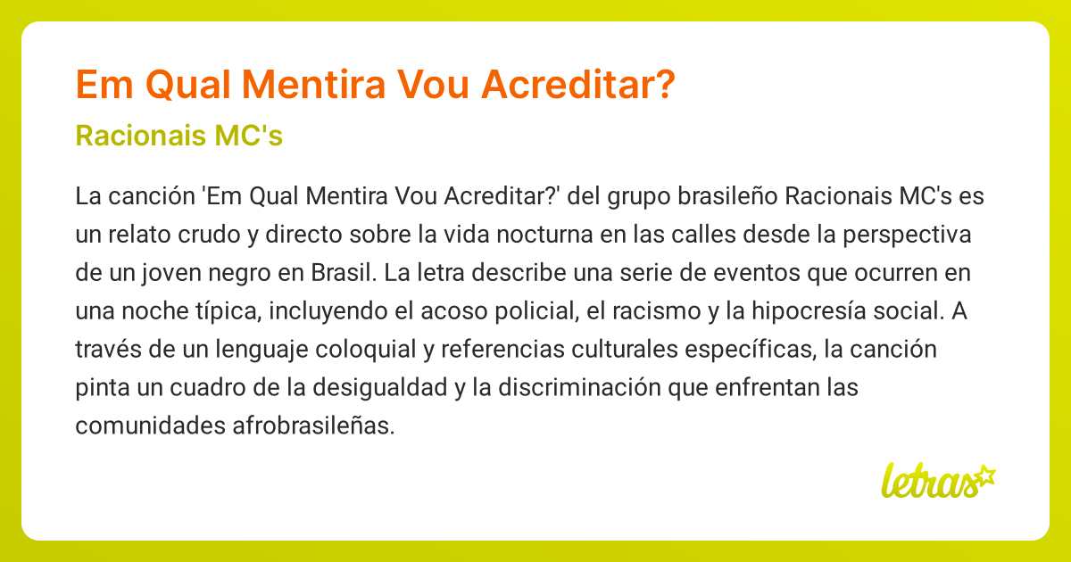 Significado de la canción EM QUAL MENTIRA VOU ACREDITAR? (Racionais MC ...