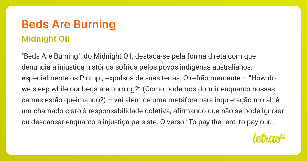 Significado da música BEDS ARE BURNING (Midnight Oil) LETRAS.MUS.BR