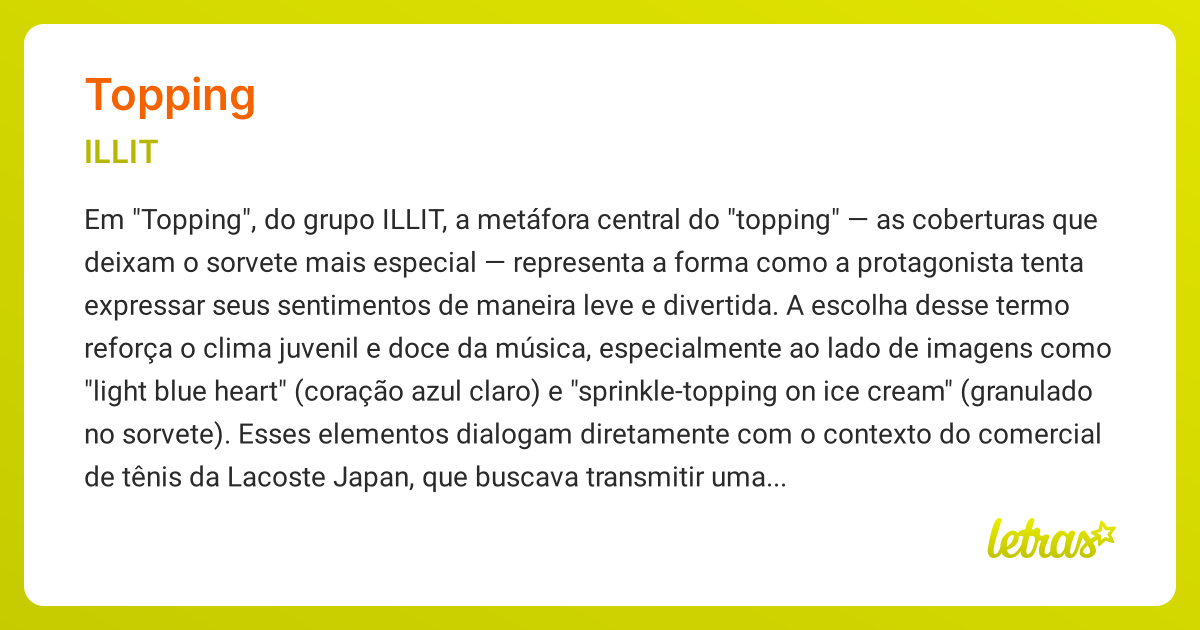 Significado da música TOPPING (ILLIT) - LETRAS.MUS.BR