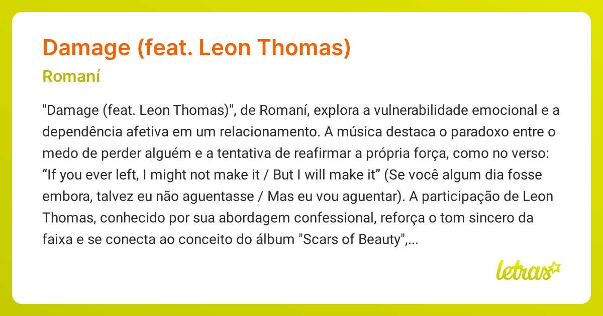 Significado da música DAMAGE (FEAT. LEON THOMAS) (Romaní) - LETRAS