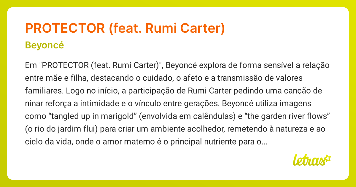 Significado da música PROTECTOR (FEAT. RUMI CARTER) (Beyoncé) - LETRAS ...