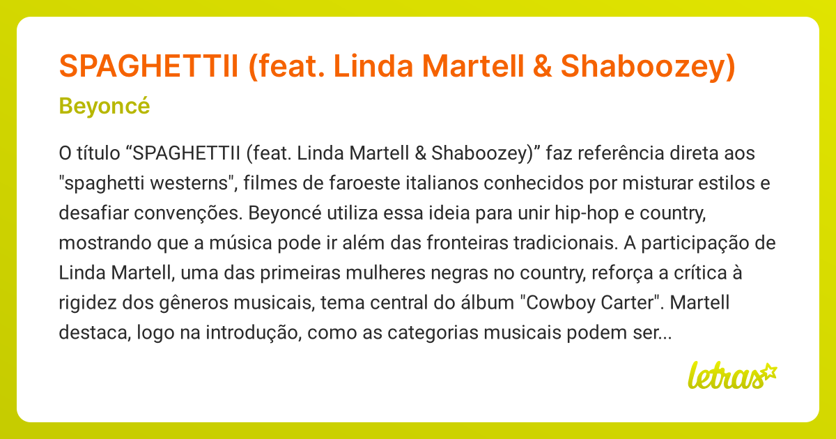 Significado da música SPAGHETTII (feat. Linda Martell & Shaboozey ...