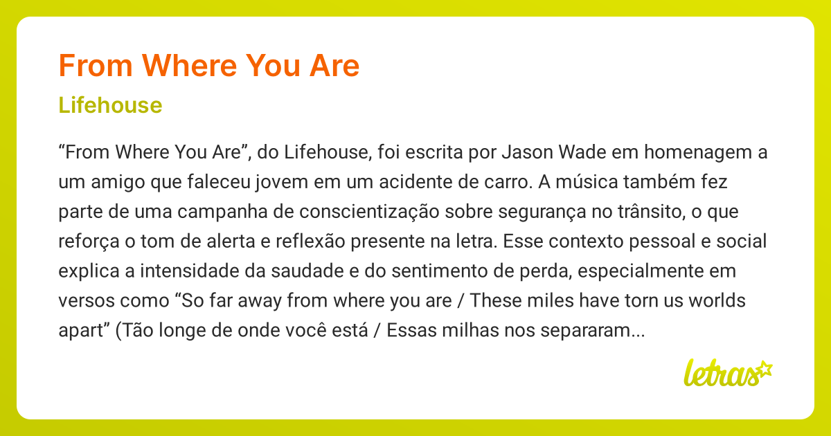 Significado da música FROM WHERE YOU ARE (Lifehouse) - LETRAS.MUS.BR