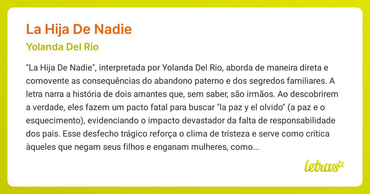Significado da música LA HIJA DE NADIE (Yolanda Del Rio) - LETRAS.MUS.BR