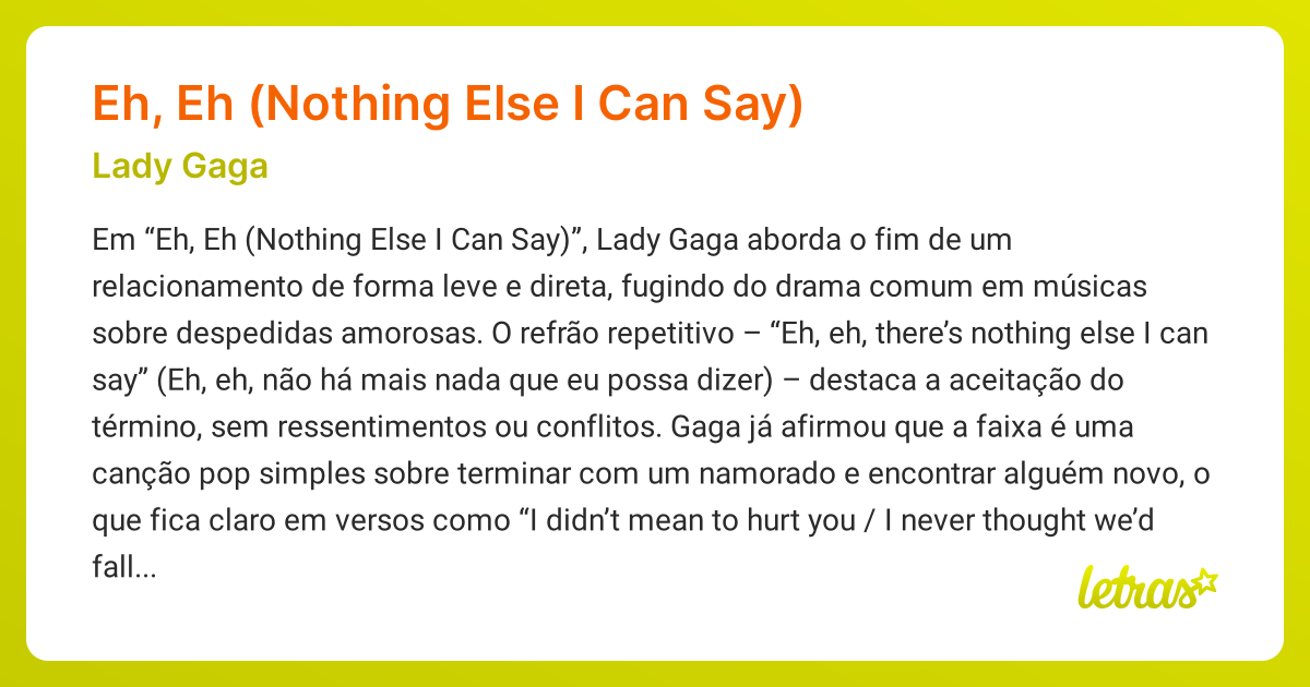 Significado da música Eh, Eh (Nothing Else I Can Say) (Lady Gaga ...