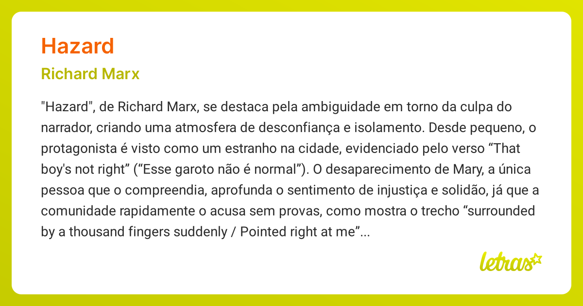 Significado da música HAZARD (Richard Marx) LETRAS.MUS.BR