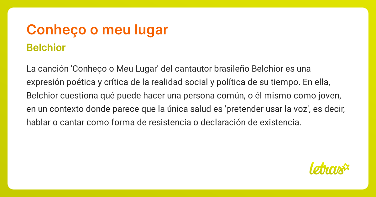 Significado de la canción CONHEÇO O MEU LUGAR (Belchior) - LETRAS.COM