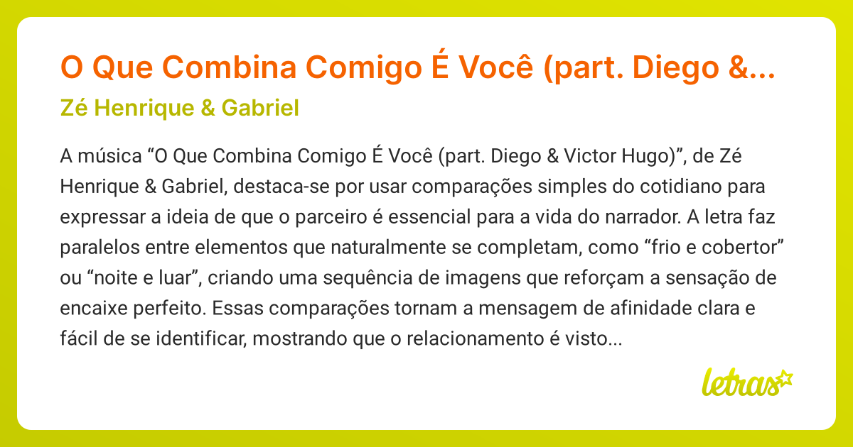Significado da música O Que Combina Comigo É Você (part. Diego & Victor ...