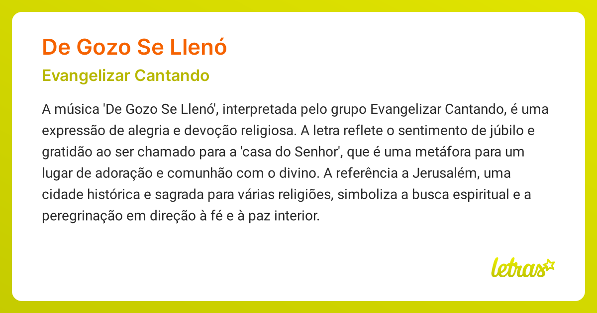 Significado da música DE GOZO SE LLENÓ (Evangelizar Cantando) - LETRAS ...