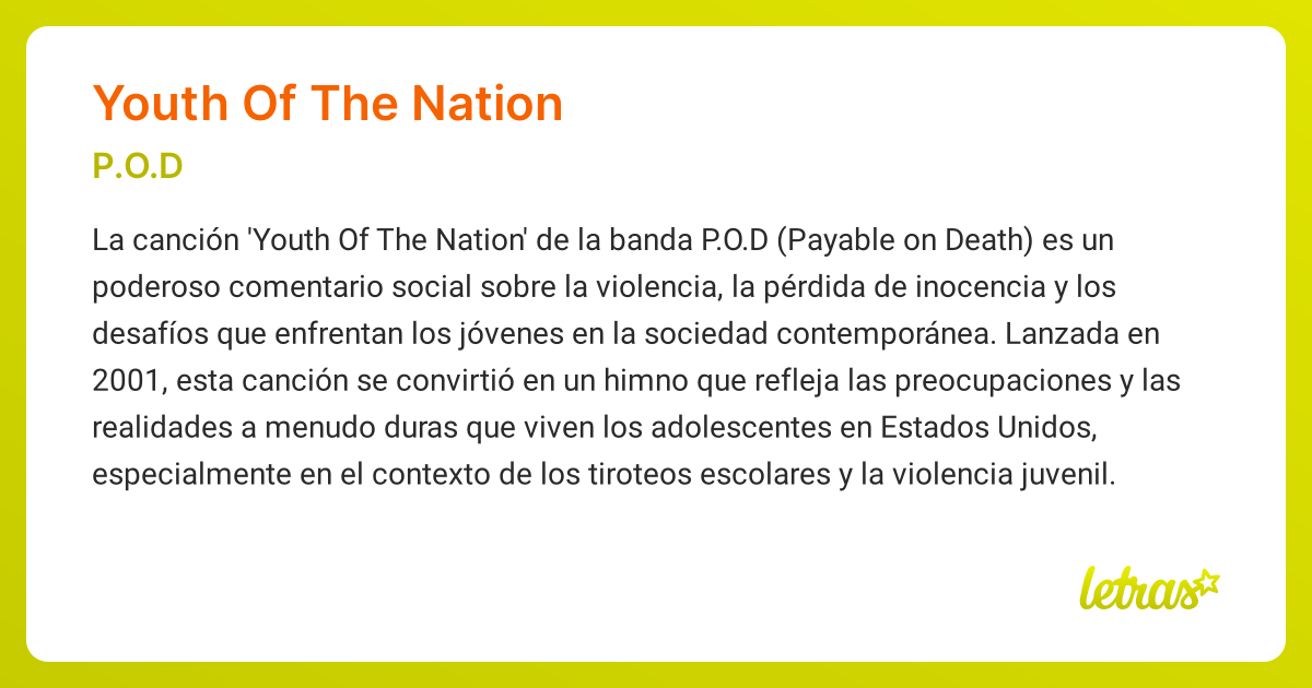 Significado de la canción YOUTH OF THE NATION (P.O.D) - LETRAS.COM
