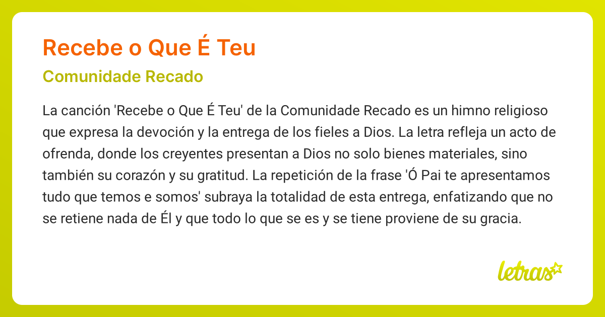 Significado de la canción RECEBE O QUE É TEU (Comunidade Recado ...