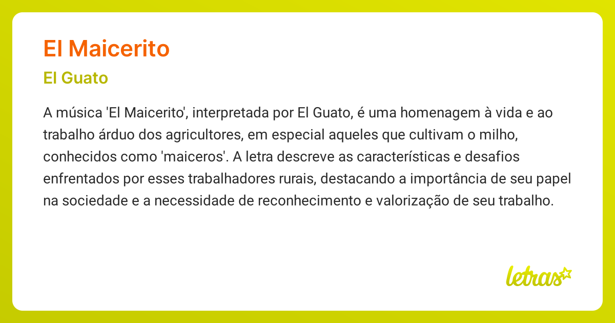 Significado da música EL MAICERITO (El Guato) - LETRAS.MUS.BR