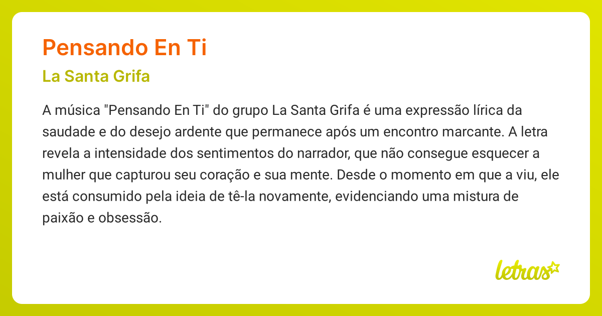 Significado da música PENSANDO EN TI (La Santa Grifa) - LETRAS.MUS.BR