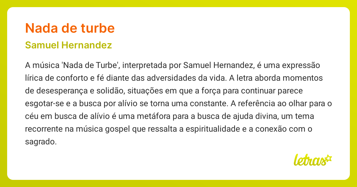 Significado da música NADA DE TURBE (Samuel Hernandez) - LETRAS.MUS.BR