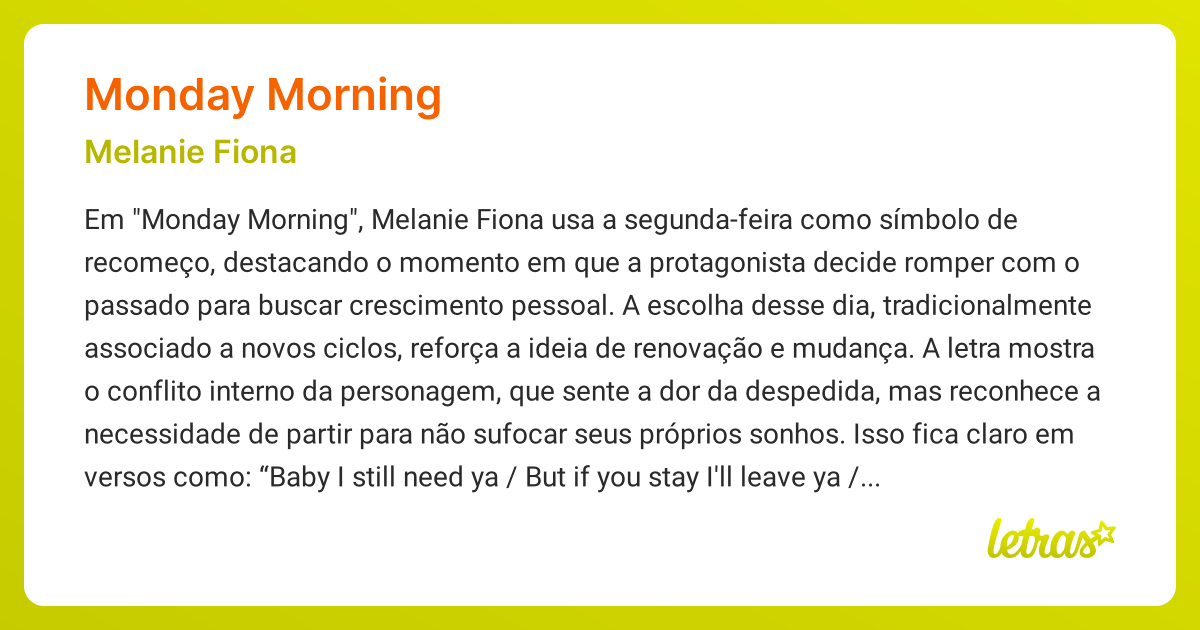 Significado da música MONDAY MORNING (Melanie Fiona) - LETRAS.MUS.BR