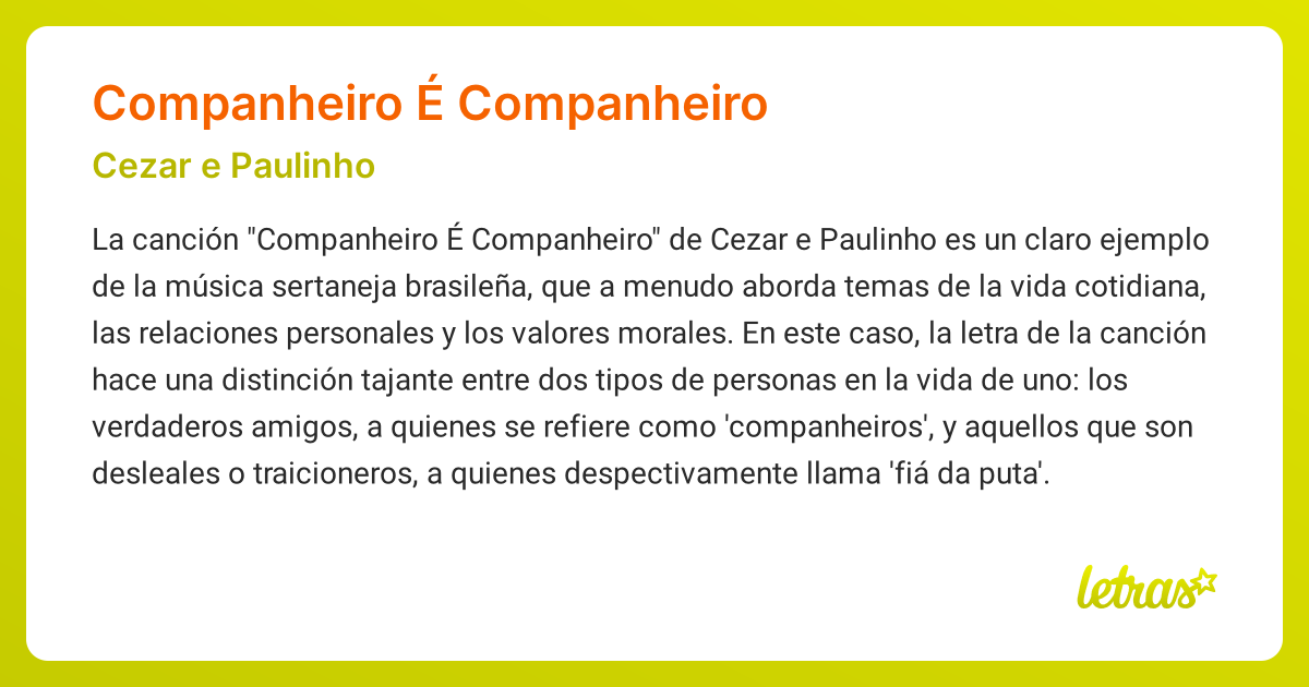 Significado de la canción COMPANHEIRO É COMPANHEIRO (Cezar e Paulinho ...